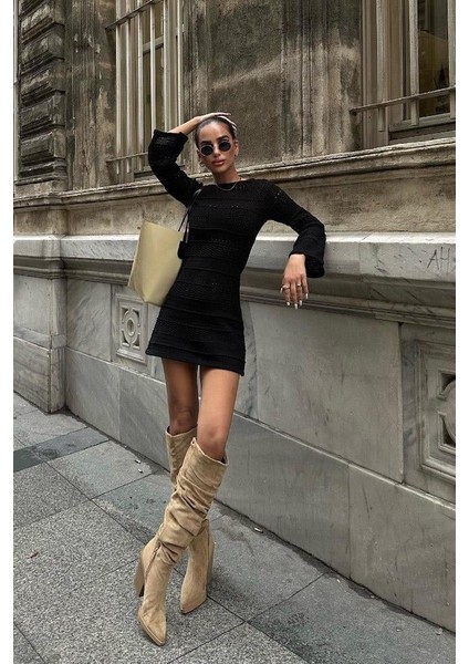 Kadın Siyah Triko Kayık Yaka Uzun Kollu Mini Elbise fiyatları