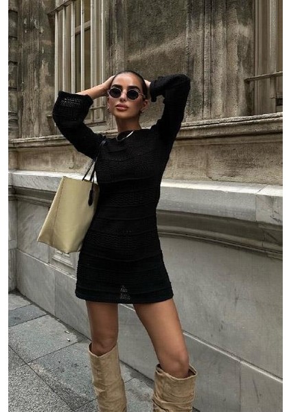 Kadın Siyah Triko Kayık Yaka Uzun Kollu Mini Elbise modelleri