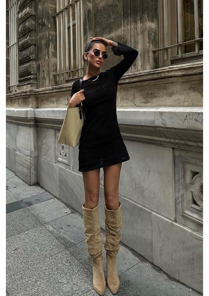 Kadın Siyah Triko Kayık Yaka Uzun Kollu Mini Elbise indirimleri