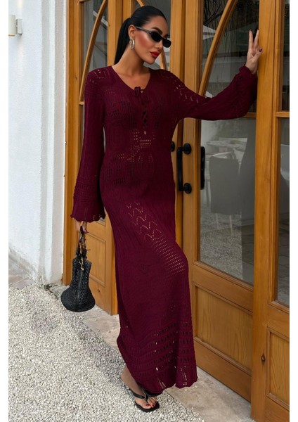 Kadın Bordo Uzun Örme V Yaka Elbise