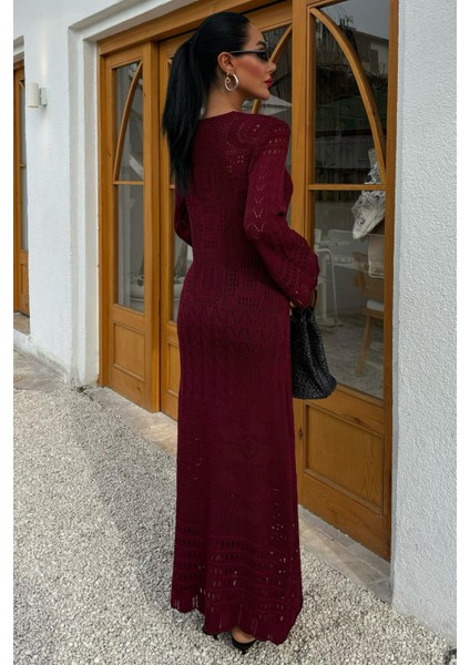 Kadın Bordo Uzun Örme V Yaka Elbise fiyatları