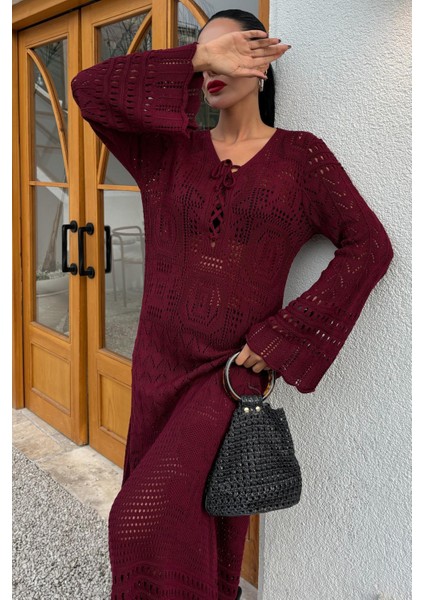 Kadın Bordo Uzun Örme V Yaka Elbise modelleri