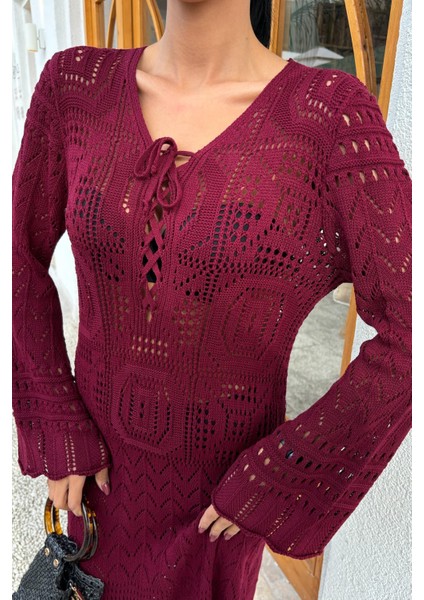 Kadın Bordo Uzun Örme V Yaka Elbise fırsatları