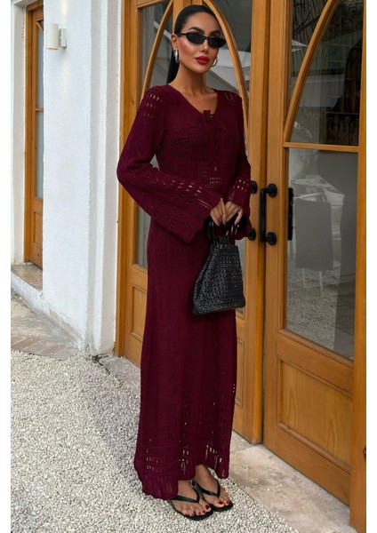 Kadın Bordo Uzun Örme V Yaka Elbise indirimleri