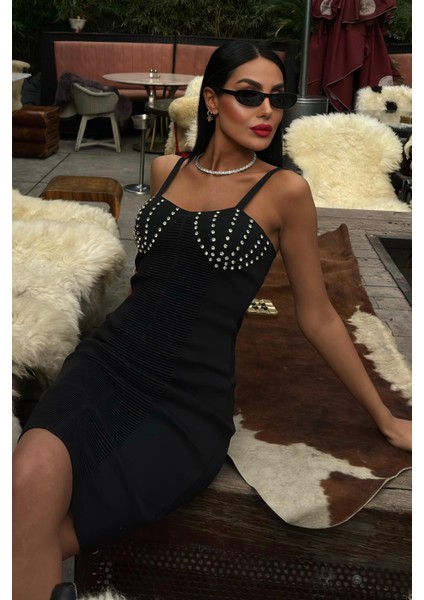 Kadın Siyah Polyelit Kolsuz Mini Elbise