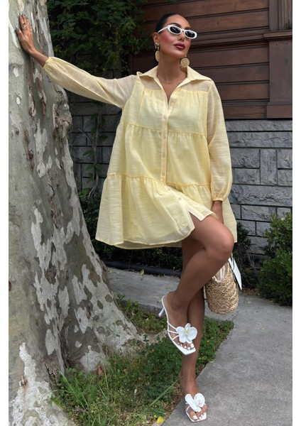 Kadın Sarı Uzun Kollu Gömlek Yaka Kısa Elbise fiyatları