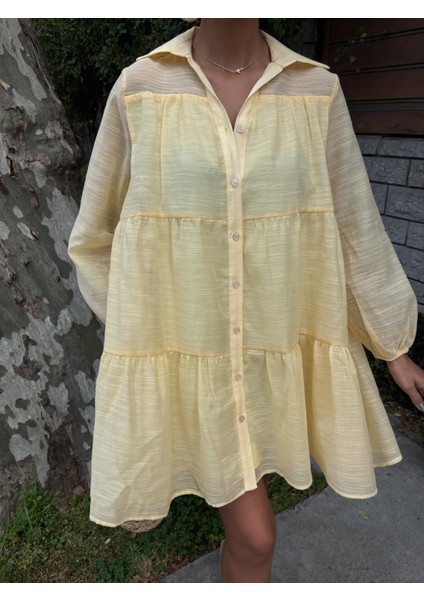 Kadın Sarı Uzun Kollu Gömlek Yaka Kısa Elbise modelleri