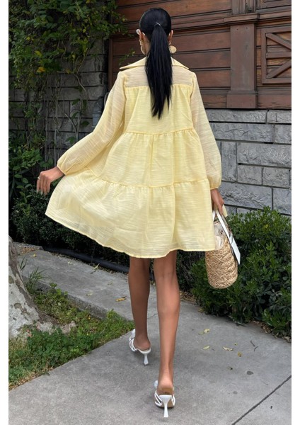 Kadın Sarı Uzun Kollu Gömlek Yaka Kısa Elbise fırsatları