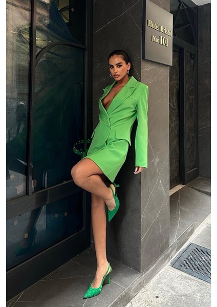 Kadın Yeşil Dokuma Kruvaze Kısa Elbise fiyatları