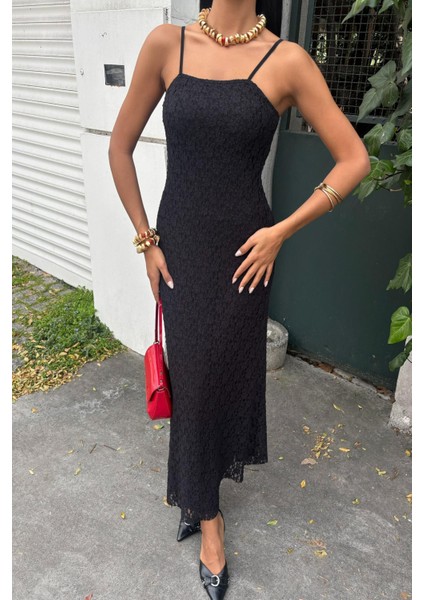 Kadın Siyah Askılı Dantel Maxi Elbise modelleri