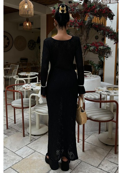 Kadın Siyah V Yaka Ajurlu Maxi Elbise fırsatları