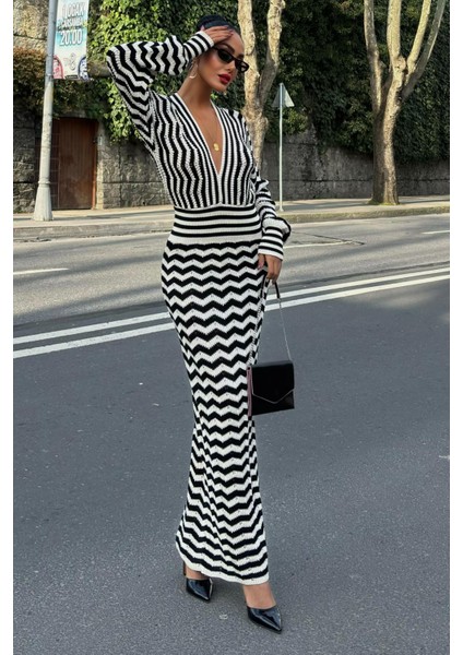 Kadın Multi Çizgili Örme Uzun V Yaka Elbise