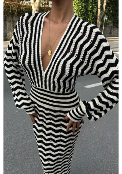 Kadın Multi Çizgili Örme Uzun V Yaka Elbise fiyatları