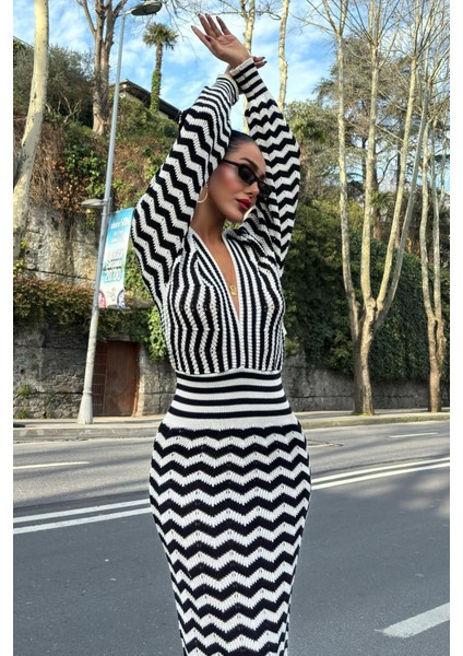 Kadın Multi Çizgili Örme Uzun V Yaka Elbise modelleri