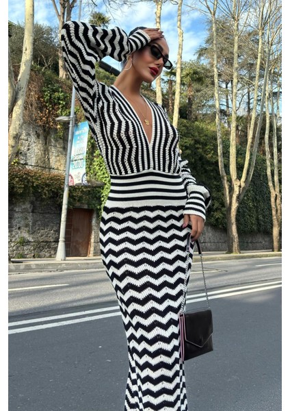 Kadın Multi Çizgili Örme Uzun V Yaka Elbise fırsatları