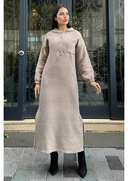 Vizon Çift Taraflı Kapüşonlu, Yırttmaç Detaylı, Duble Yumoş Kaşe Uzun Elbise