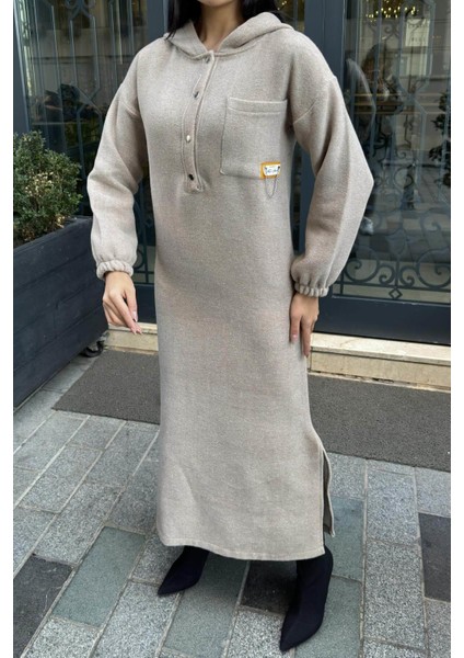 Vizon Çift Taraflı Kapüşonlu, Yırttmaç Detaylı, Duble Yumoş Kaşe Uzun Elbise fiyatları