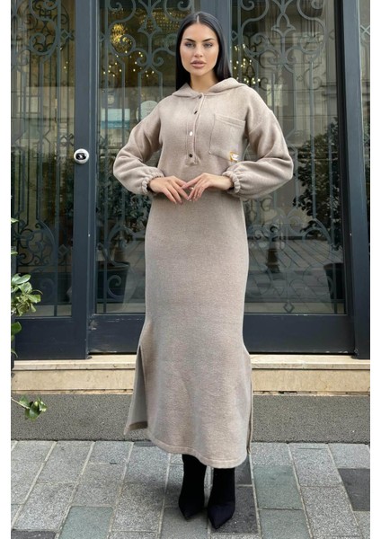 Vizon Çift Taraflı Kapüşonlu, Yırttmaç Detaylı, Duble Yumoş Kaşe Uzun Elbise modelleri