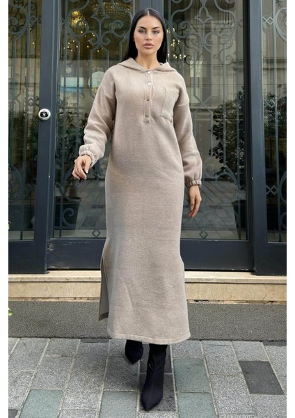 Vizon Çift Taraflı Kapüşonlu, Yırttmaç Detaylı, Duble Yumoş Kaşe Uzun Elbise indirimleri