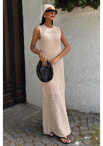 Kadın Bej Pamuklu Ajurlu Maksi Elbise fiyatları
