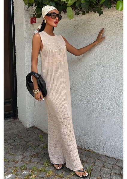 Kadın Bej Pamuklu Ajurlu Maksi Elbise fırsatları