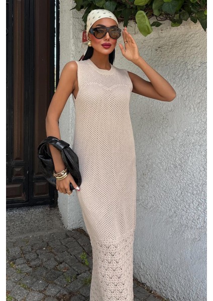 Kadın Bej Pamuklu Ajurlu Maksi Elbise indirimleri