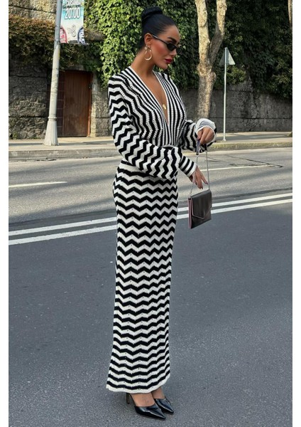 Kadın Multi Çizgili Örme Uzun V Yaka Elbise indirimleri