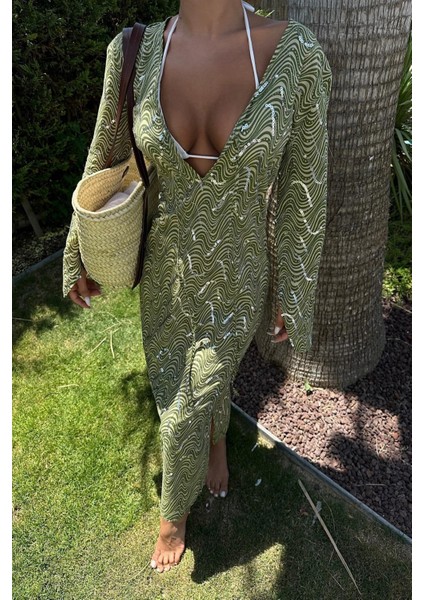 Kadın Yeşil Kruvaze Desenli Midi Elbise fiyatları