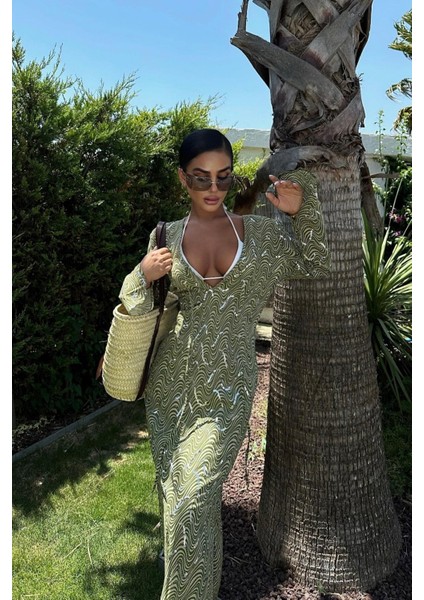 Kadın Yeşil Kruvaze Desenli Midi Elbise fırsatları