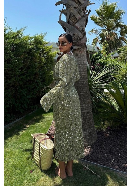 Kadın Yeşil Kruvaze Desenli Midi Elbise indirimleri