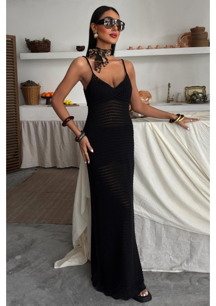 Kadın Siyah Pamuklu Askılı Uzun Elbise