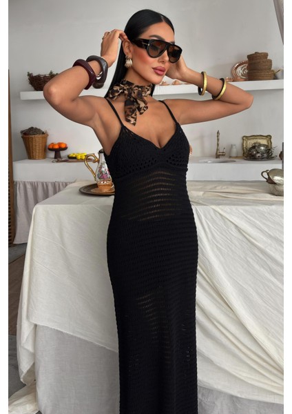 Kadın Siyah Pamuklu Askılı Uzun Elbise fiyatları