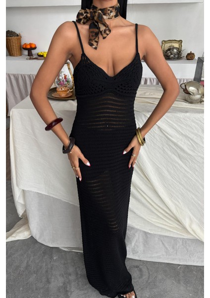 Kadın Siyah Pamuklu Askılı Uzun Elbise modelleri