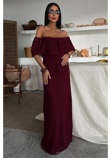 Kadın Bordo Straplez Triko Uzun Elbise