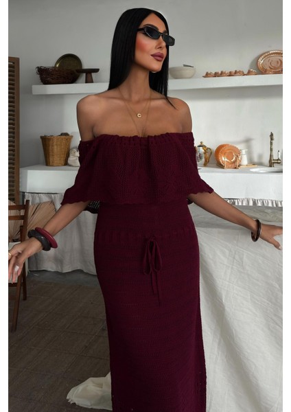Kadın Bordo Straplez Triko Uzun Elbise fiyatları