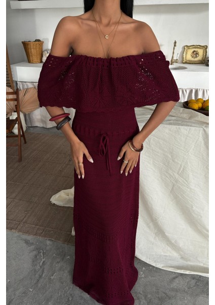 Kadın Bordo Straplez Triko Uzun Elbise modelleri