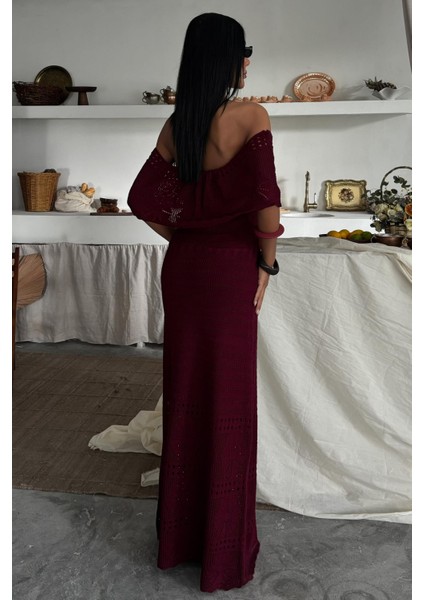 Kadın Bordo Straplez Triko Uzun Elbise fırsatları