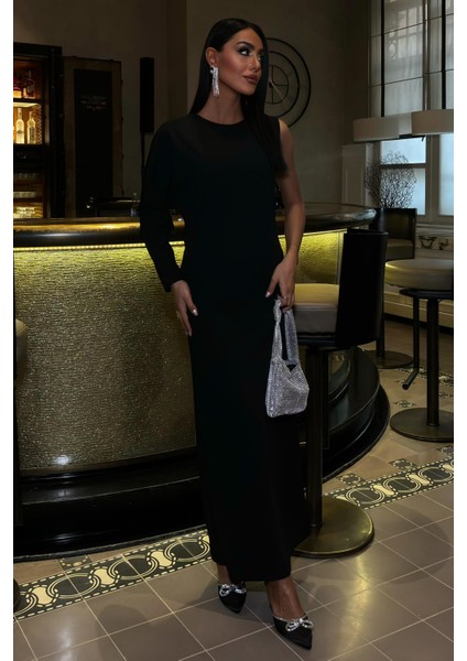 Kadın Siyah Uzun Dokuma Tek Kol Elbise