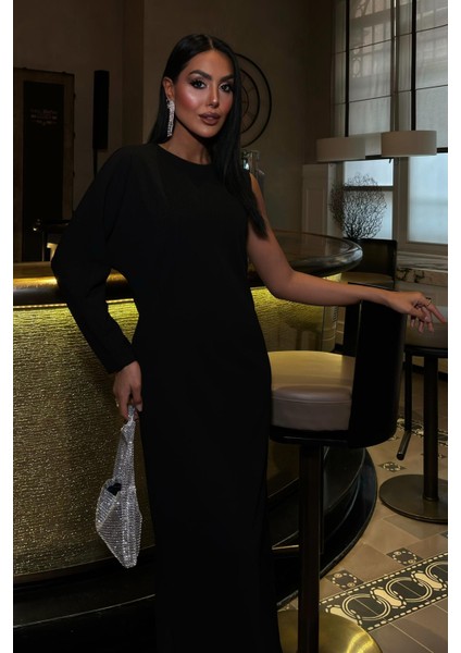 Kadın Siyah Uzun Dokuma Tek Kol Elbise fiyatları
