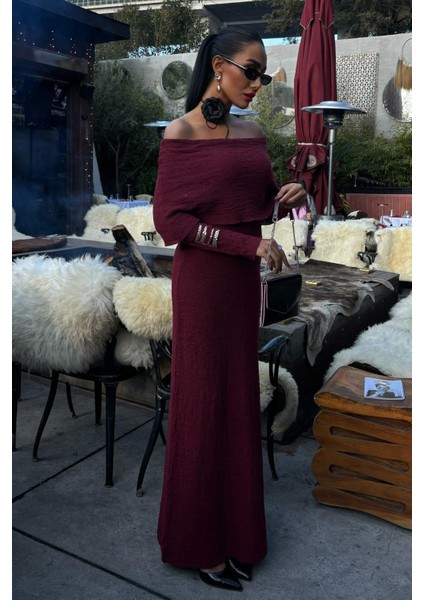 Kadın Bordo Uzun Triko Madonna Yaka Elbise