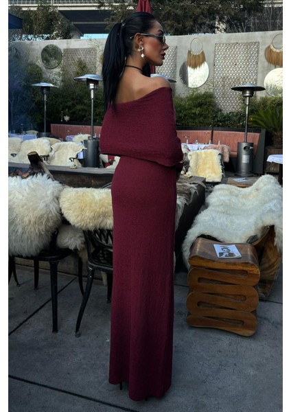 Kadın Bordo Uzun Triko Madonna Yaka Elbise fiyatları