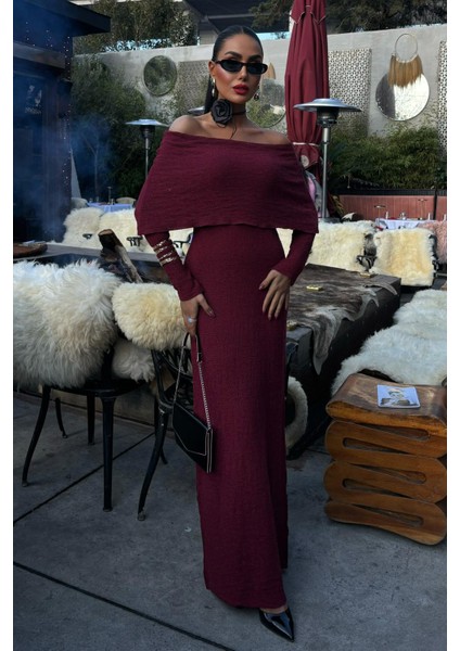 Kadın Bordo Uzun Triko Madonna Yaka Elbise fırsatları