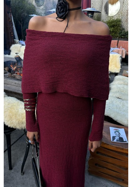 Kadın Bordo Uzun Triko Madonna Yaka Elbise indirimleri