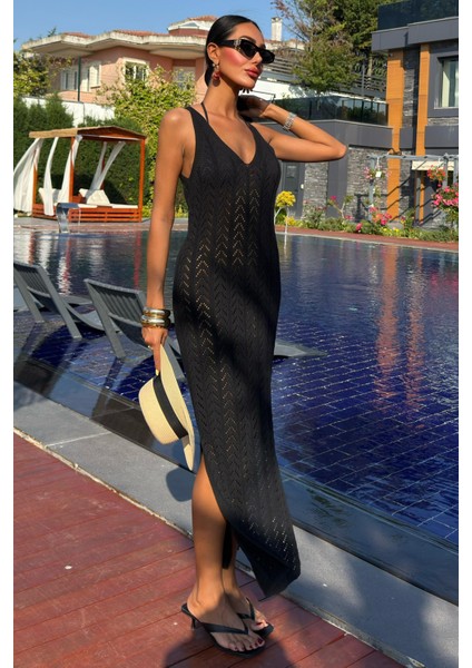 Kadın Siyah Triko Midi Kolsuz V Yaka Elbise