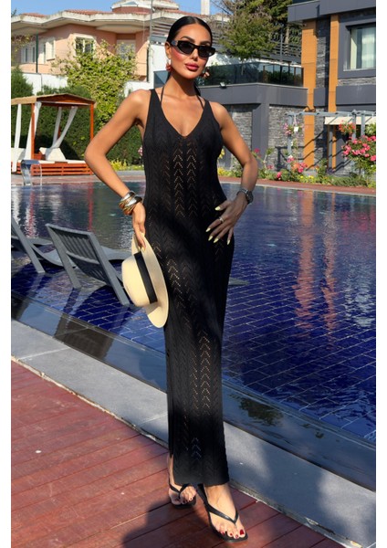 Kadın Siyah Triko Midi Kolsuz V Yaka Elbise fiyatları