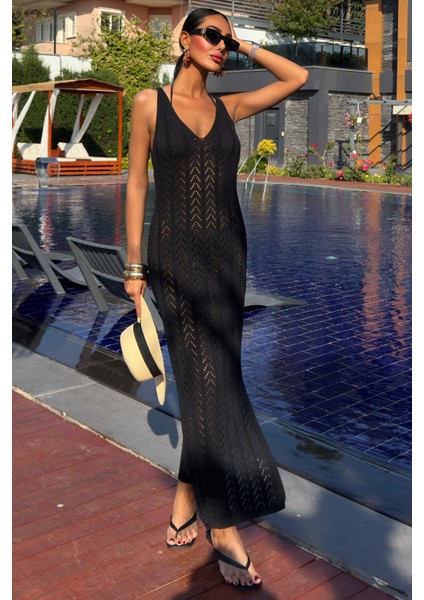 Kadın Siyah Triko Midi Kolsuz V Yaka Elbise modelleri
