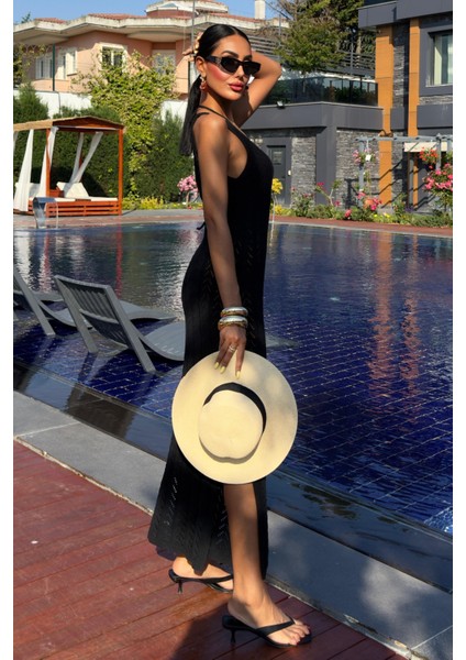 Kadın Siyah Triko Midi Kolsuz V Yaka Elbise fırsatları