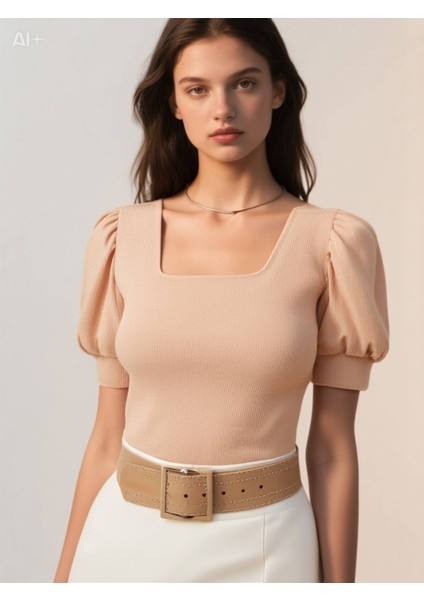 Kadın Bisküvi Kare Yaka Örme Bluz HZL22W-BD104091