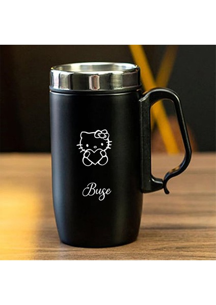 240 ml Kulplu Paslanmaz Çelik Hello Kitty Baskılı Termos Bardak - Isı Yalıtımlı Kahve Kupası