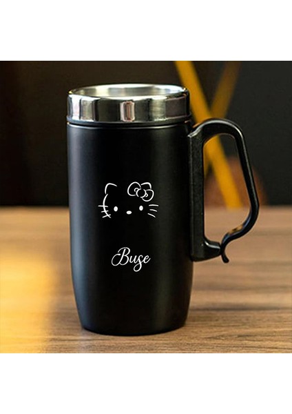 240 ml Kulplu Paslanmaz Çelik Hello Kitty Baskılı Termos Bardak - Isı Yalıtımlı Kahve Kupası